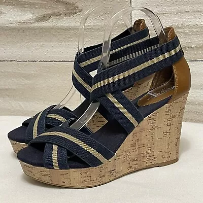 Merona Women's Strappy Blue Fabric Cork Wedge Sandal Open Toe Casual 7.5 • $20