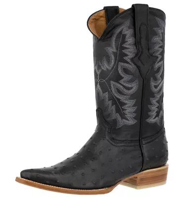 Mens Black Western Leather Cowboy Boots Ostrich Quill Print J Toe Botas • $111.99