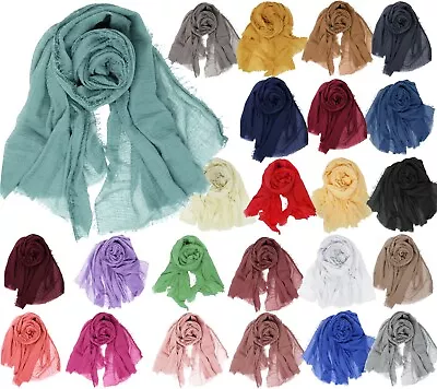 Wrinkled Soft Linen Feel Large Plain Solid Travel Shawl Scarf Head Wrap • $12.95