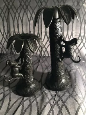 Vintage Bronze Bombay Monkey Climbing Palm Trees Candlestick Holders • $40