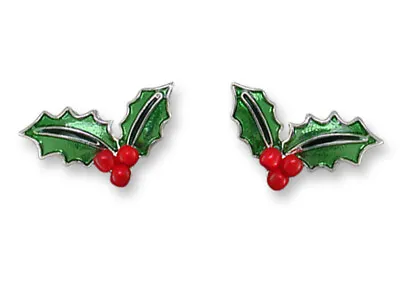 Zarah Zarlite CHRISTMAS HOLLY Post EARRINGS Silver Plated Enamel Stud Jewelry • $18.19