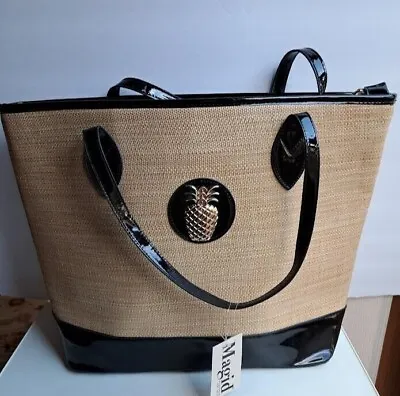 Magid Oversize Straw Handbag With Black Patent Trim And Gold Pineapple Medallion • $32