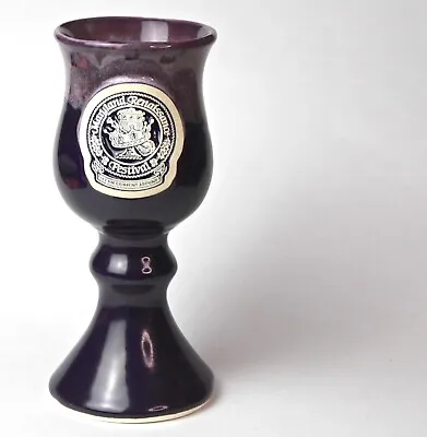 07 Maryland Renaissance Festival Logo Stoneware Wine Goblet Purple Drip Glaze 12 • $14.99
