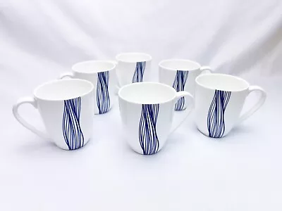 6 MIKASA Wave Bone China Tea/Coffee Cups Mugs White W/ Blue Lines- FREE SHIPPING • $64.90