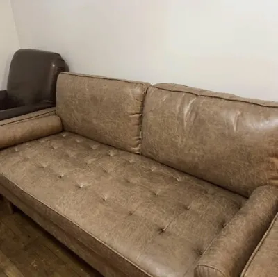 Vintage Style Mid Century Modern Crackle Faux Brown Leather Tufted Sofa • $599.99
