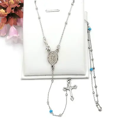 925 Sterling Silver Our Lady Of Guadalupe Blue Crystals Rosary Necklace Virgen • $22