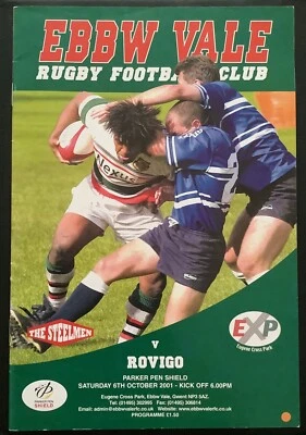 £2.45 • Buy 2001 EBBW VALE V ROVIGO (Italy) Programme - European Parker Pen Shield