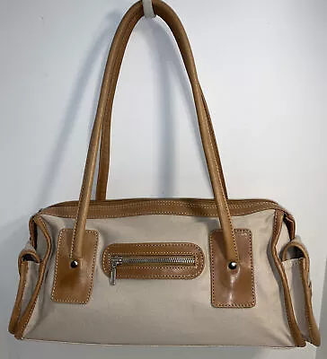 J Crew Satchel Bag Beige Fabric & Brown Leather Trim Double Strap Shoulder Bag • $20