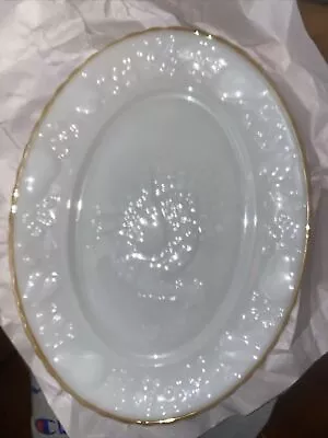 Vintage Anchor Hocking Milk Glass Turkey Platter Gold Trim 15” Across • $25