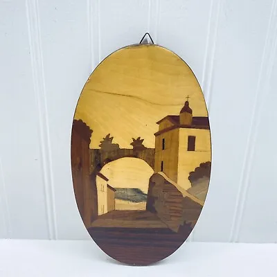 Vintage Handcrafted Marquetry Wood Inlay Wall Art Oval Italy • $19.95