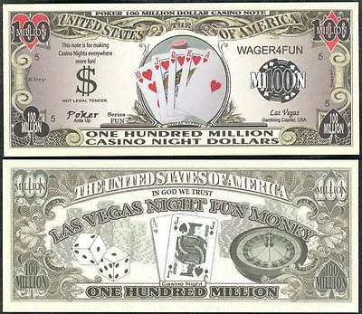 POKER / ROYAL FLUSH CASINO NIGHT MONEY 100 MILLION DOLLAR BILL - Lot Of 2 BILLS • $2.49