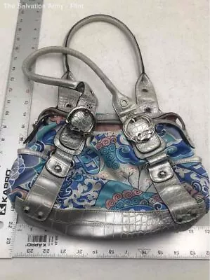 Kathy By Van Zeeland Womens Blue Silver Abstract Leather Zipper Satchel Bag • $7.99