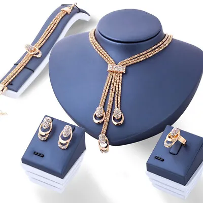 Women 18K Gold Plated Crystal Necklace Bracelet Ring Earrings Tassel Jewelry Set • £5.34