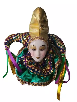 Mardi Gras Porcelain Head Jester Ornament Carnival Purple Green 5.5” • $9.99