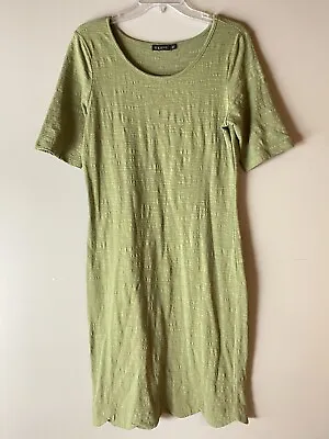 Mikarose Dress Medium Olive Green Stretch Knit Scallop Hem Short Sleeve Pencil • $16.88