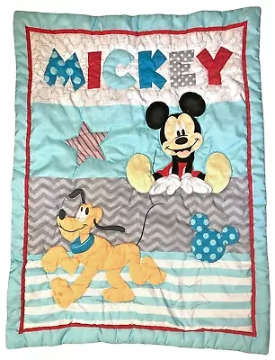 Disney Baby Quilt Crib Blanket Mickey Mouse Pluto Chevron 41” X 30” • $29.97