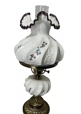 1993 FENTON Plum Crested HP Milk Glass Paisley Lilacs Floral Student Lamp • $575