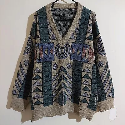 Vintage 80s 90s Geometric Towelling Cotton Sweater Sweat Shirt - M/L - Coogi • $60