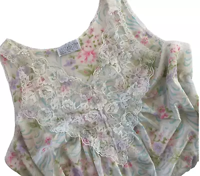 Vintage Vassarette Midi Pastel Floral Nightgown Nylon Sleeveless Large USA Lace • $25
