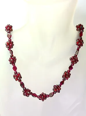 Vintage Bohemian Pyrope Garnet Woven Seed Necklace Beaded Gemstone Cluster • $80.75