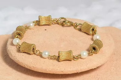 Vintage Gold Tone And Cultured Pearl 1/20 12 KT GF Marked Clasp Bracelet - E11 • $29.99