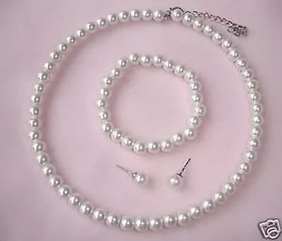 £2.49 • Buy White Or Cream Faux Pearl Or Crystal Choker Necklace, Earrings & Bracelet Set