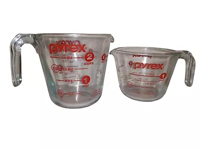 2 Pyrex Glass Measuring Cups Red Graphics 2 Cup & 1 Cup Microwaveable USA • $14.50