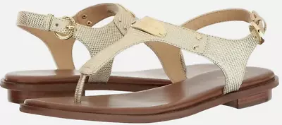 NEW Michael Kors Women's Pale Gold Embossed Metallic Leather Plate Thong Sandals • $90.19