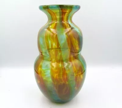 Vintage Mdina Glass Vase  Teal With Highlights Stripes Unusual Shape • £18