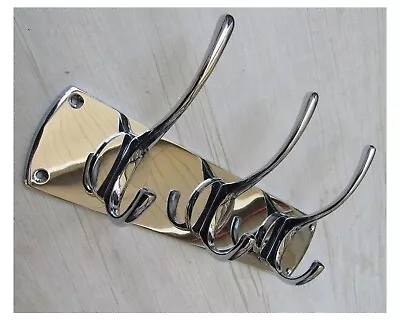 SOLID BRASS Retro Victorian Hat And Coat Hook Rail Rack Board Hanger CHROME • £6.99