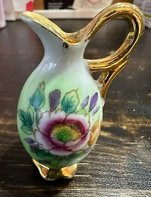 Small 3  Vintage Ucagco Ceramic Japan Green Hand Painted Vase With Gold Trim • $8.99