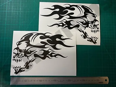 (x2) Skull Flames Stickers Decals Car Van Motorcycle Tank Helmet Matte Black • £6.99