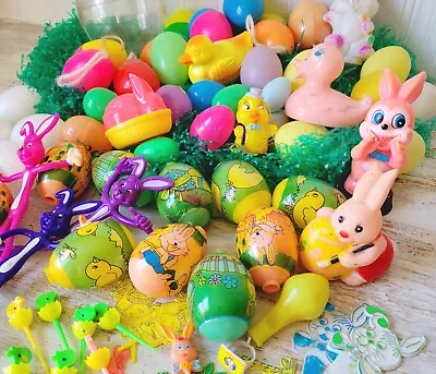 Vintage Easter Eggs Cake Floral Picks Toys Bendy Rabbits Ducks Huge Lot • $23