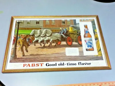 Pabst Beer Sign Vintage Wood Framed Cardboard Graphic Fire Fighter Wagon Old MV6 • $129.99