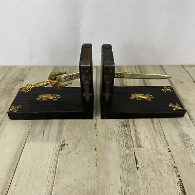 Spanish Spain Sword Knife Bookends Rustic Wood & Metal Pirates Gold Color • $17.77