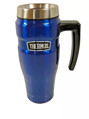 Vintage THERMOS Blue Metal Insulated Coffee Tumbler Mug Cup W Handle 16oz + Lid • $14.95