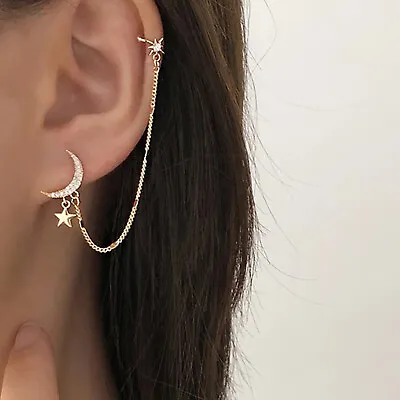 $7.25 • Buy Moon Earring With Chain And Northern Star Ear Cuff Starburst Ear Cuff With Chain