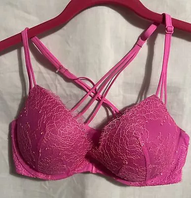 Victoria Secret Women Bra 34C Pink Lace Very Sexy Push Up Strappy Front Close • $3
