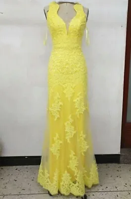 $189 • Buy Yellow High Quality Lace Applique Long Prom Dress Wedding Dress Pageant  8-12