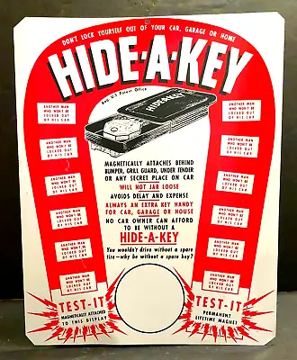 Vtg Hide-a-key Store Counter Display Sign Metal For Magnetic Cases Advertising • $59