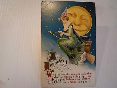 Antique Winsch Halloween Postcard Germany Witch Moon Embossed Divided • $53