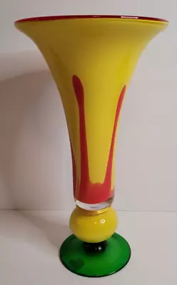 Vintage Murano Glass Trumpet Tulip Vase Hand Blown MCM Art Deco Vibrant Colors! • $94.99