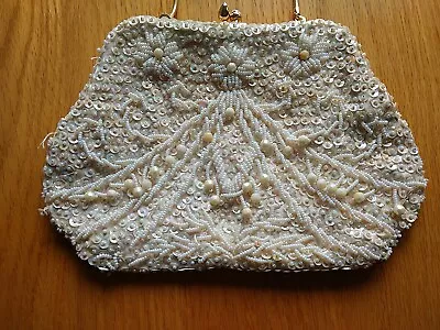 Vintage White Beaded & Sequin Purse Made In Hong Kong- Gold Tone Handle • $12.95