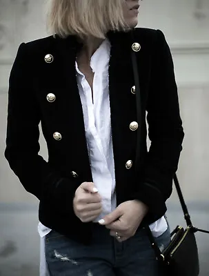 A667 Zara Short Blazer Black Military Velvet Gold Buttons Coat Jacket Small - S • $99.99