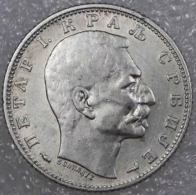 Serbia 1 Dinar 1915 King Petar I Silver Coin ПЕТАР I. КРАЉ СРБИЈЕ SCHWARTZ [3904 • $5