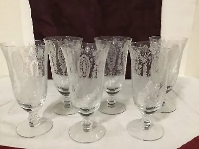 Vintage TIFFIN June Night Set (6) Ice Tea Goblets Footed Glasses Etched 6 1/2  • $75