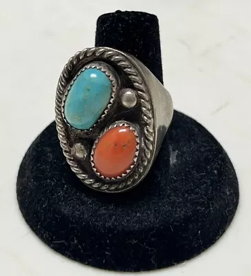 Large Old Pawn Navajo Sterling Silver Turquoise Coral Ring Size 11.5 23G Estate • $80