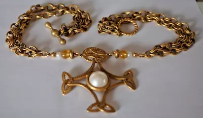 Vintage Gold Tone Maltese Cross Hand Stamped Pearl Statement Necklace Rare • $45