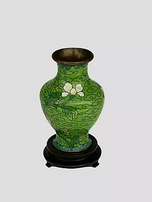 Vintage Chinese Miniature Cloisonné Copper? Bud Vase 3 1/2” Green Floral EUC • $24.92