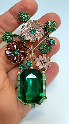 Large Vintage Style Bouquet Gold Pl Brooch Green Pink Ruby Color Crystals  • $29